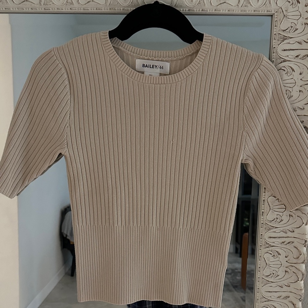 Bailey/44 Cream Ribbed Knit Short Sleeve Sweater Top